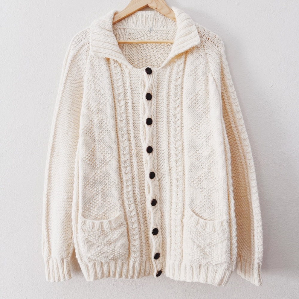 Vintage Cream Button-Up Cardigan - Hand Knit